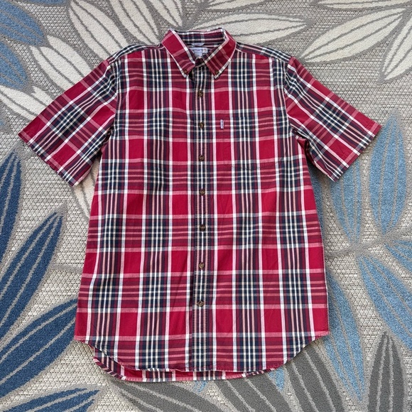 Carhartt Men’s Relaxed Fit Red Blue Plaid Short Sleeve Button Up Size Large Tall - Picture 1 of 7